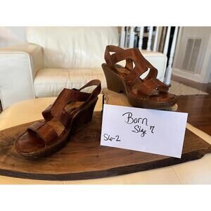 Born Leather Wedge Sandals Brown Strappy Comfort Sandals Women Size 7